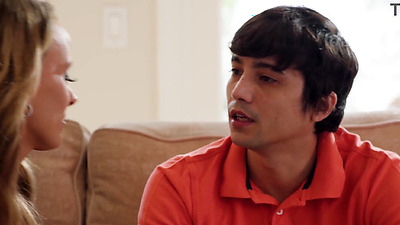 Big boobs MILF stepmom blows her big penis stepson and makes him rail her hard