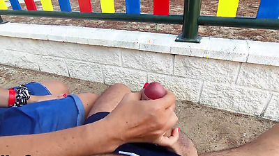 #2 Penis flash - A chick caught me jerking off in the park and help me cumshot in her natural tits - Hidden cam with strangers around