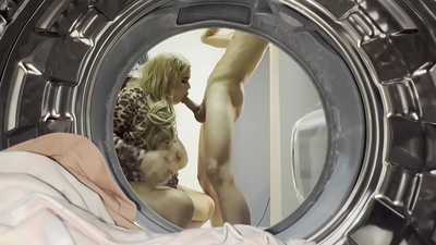 Chubby blonde has sex with a young guy in the laundry room