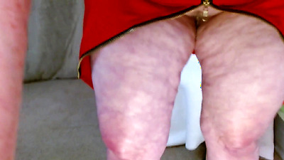 1223 Seated wearing red dress and heels, opening and closing legs and making calf muscles flex and flashing my hairy pussy