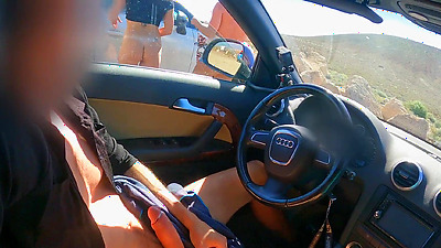 FACE REVEAL of the two girls: cock flash exhibitionism in car for two perfect body girls.