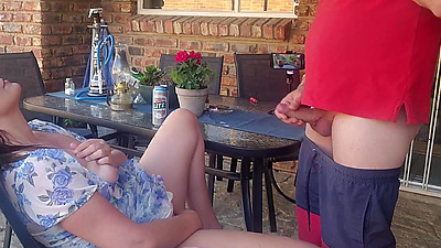 Mutual masturbation Caught my friends wife fingering herself on the patio so i joined her fingering