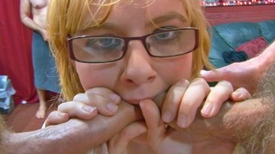 Innocent teen in glasses taking many older mens cocks