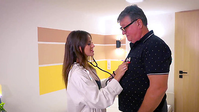 Young doctor treating a horny grandpa