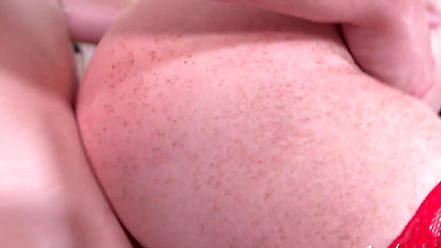 Busty Redhead In Hot Lingerie Is Spoiled By Two Guys