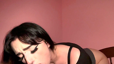 Goth chick lets shy gamer boy use her throat till he cums