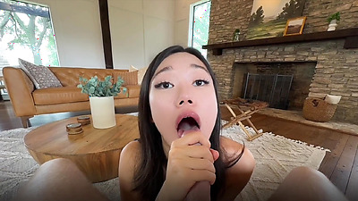 skinny Asian lucy mochi gives deep blowjob & swallows cum