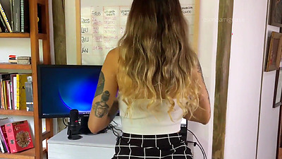 Horny secretary roleplay in miniskirt, gets horny, sucks and fucks him while talking dirty - SPOILER