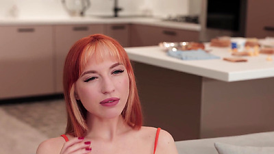 Redheaded beauty Monica Sayer eats popcorn then sucks & rides her man in hot free use scene