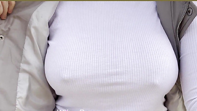 MILF with incredible tits goes public braless