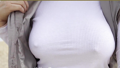 MILF with incredible tits goes public braless