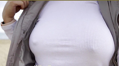 MILF with incredible tits goes public braless