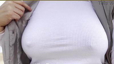 MILF with incredible tits goes public braless