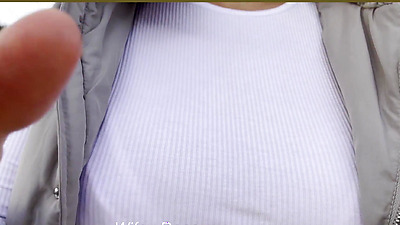 MILF with incredible tits goes public braless