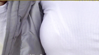 MILF with incredible tits goes public braless