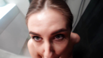 I sucked my friend's big cock in the bathroom, then we fucked and he cum in my mouth.