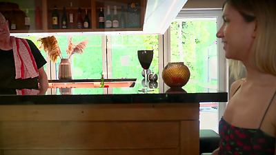 Amazing young blonde gets cum in mouth from old bartender after she gets hard pussy fucked