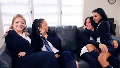 Inexperienced besties sharing shaft in 4some