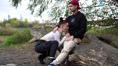 Public Sex Vlog: Deepthroat & unexpected pussy creampie