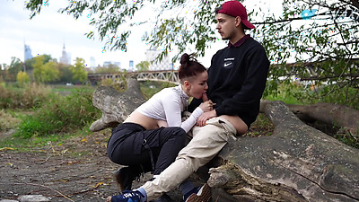 Public Sex Vlog: Deepthroat & unexpected pussy creampie