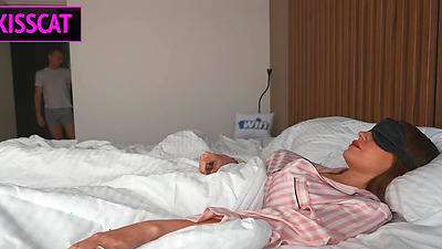 Why blindfolded step mom in mask let step son fuck her in share bed, while husband in the shower 3