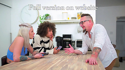 3-Way Porn - 2 Petites, a Ebony and a Tattoed babes Are Fucked in the Arse in Interracial 3Some