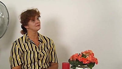 Busty amateur German mature lady Beatta jerking big dick to balding guy Gustavo Meunier while he toying her hairy pussy then he fucks her