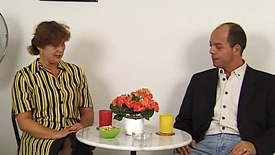 Busty amateur German mature lady Beatta jerking big dick to balding guy Gustavo Meunier while he toying her hairy pussy then he fucks her