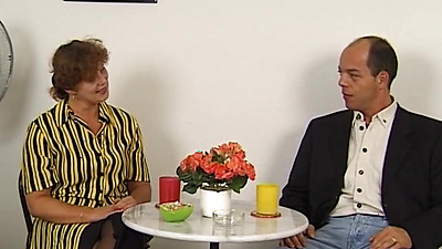 Busty amateur German mature lady Beatta jerking big dick to balding guy Gustavo Meunier while he toying her hairy pussy then he fucks her