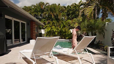 Horny stepmom caught her stepson naked outside by the pool..