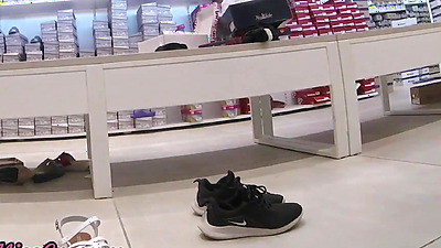 Pussy Flash - My exhibitionist wife without panties plays the bitch in a shoe store