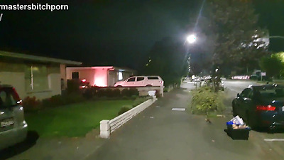 Brazen Kiwi Trashy slut pissed on in plain view on the sidewalk as motorist yells out