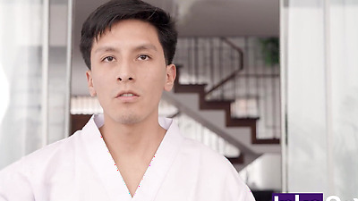 Young karateka is seduced by his stepmother with a huge arse and he leaves her with her butthole full of milk.