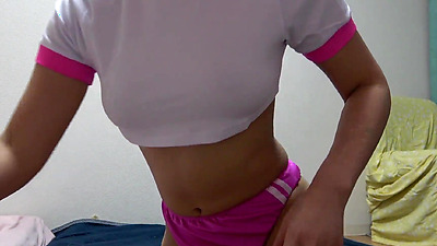 Her gym clothes and bloomers were small, so she exposed her boobs and nipples while cleaning