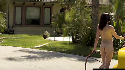 Bubble covered ebony MILF Misty Stone and her nude teen GFs washing a car