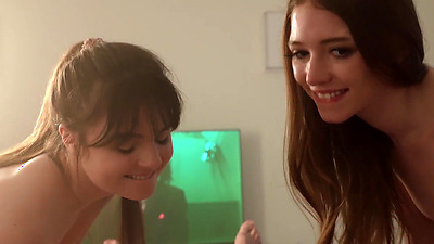 Petite redhead stepsis and tiny teen bestie dared to fuck stepbro