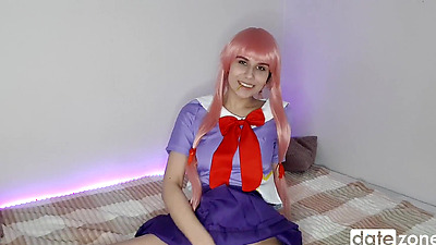 A pretty chick wearing a purple disguise and a long-haired wig masturbates her bald pussy with a toy