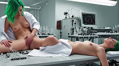 Two green-haired twins fisting in the lab. Lesbians.