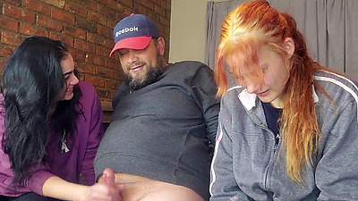 Two shy girls playing with my massive dick