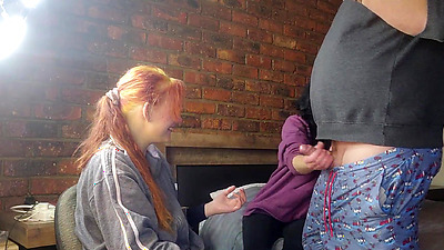 Two shy girls playing with my massive dick