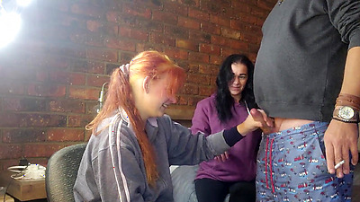 Two shy girls playing with my massive dick