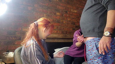 Two shy girls playing with my massive dick