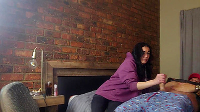 Two shy girls playing with my massive dick