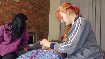 Two shy girls playing with my massive dick