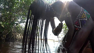 Skinny zulu cutie with perfect tits getting fucked while bathing in the river