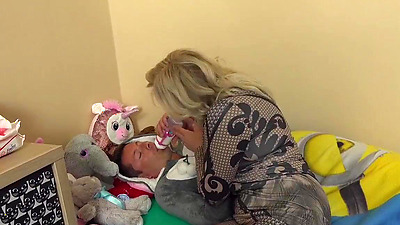 Blonde Cougar loves to play with little guy