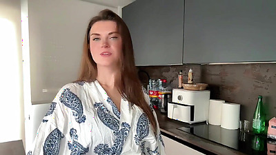 Busty Step Mother Seduces Step Son by her yummy shaft at the kitchen, shows him milky tits and masturbating