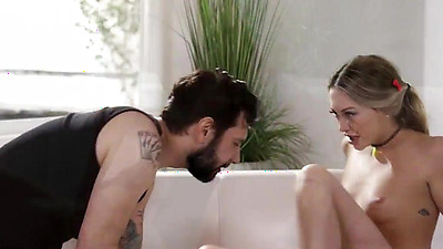 Blonde kisses stepdad and he sucks her little tits.The stepdaughter sucks his shaft and he licks and fingers her pussy and she squirts.Then shes fucked