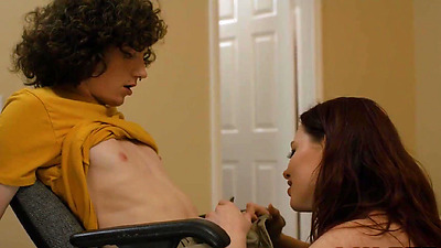 Very Hot Step Mom Can't Resist Touching his Step Son's Prominent Bulge Through his Pants...