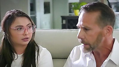 Small titties stepdaughter has short attention span so her stepdad spanks her.She licks her busty stepmoms pussy as shes fucked and they give him a bj